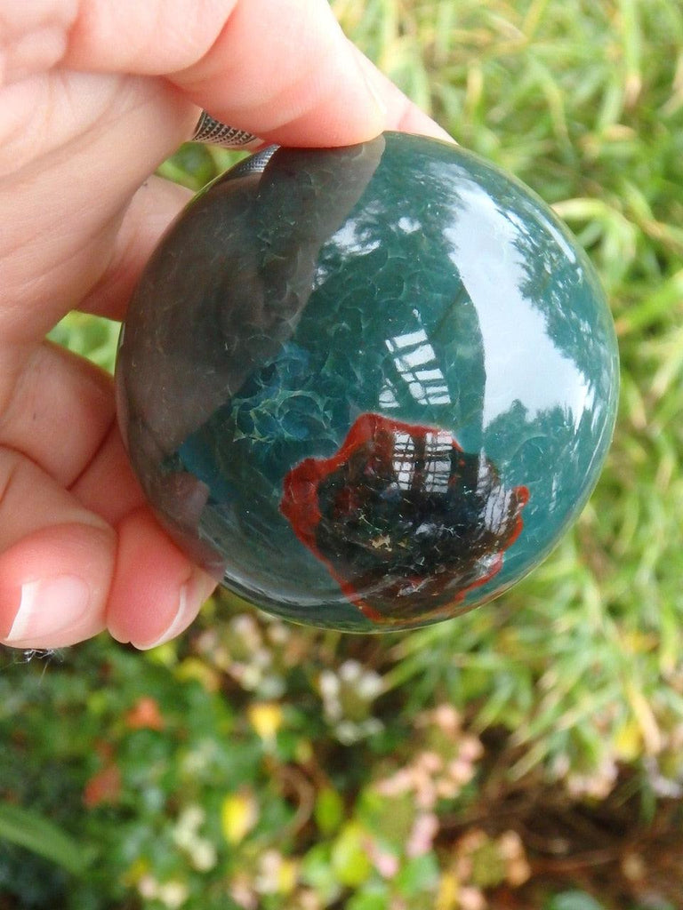 Forest Green & Bright Red Patterns Large Bloodstone Sphere Carving - Earth Family Crystals