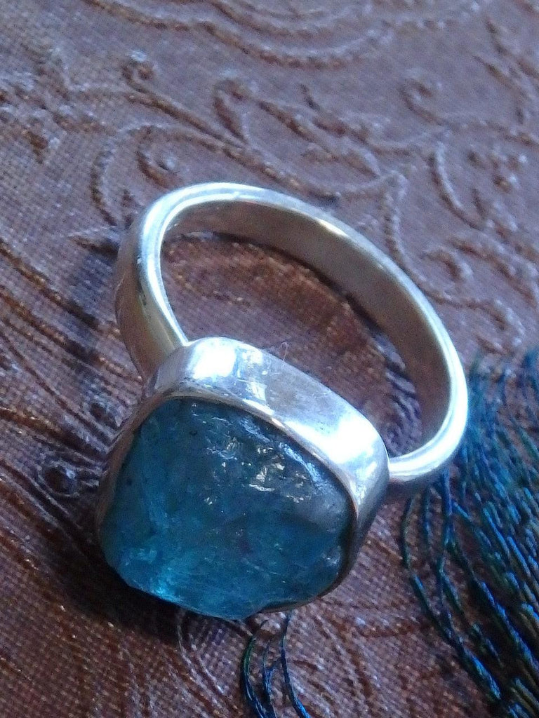Gorgeous Gemmy Raw Blue Apatite Gemstone Ring In Sterling Silver (Size 6.5) - Earth Family Crystals