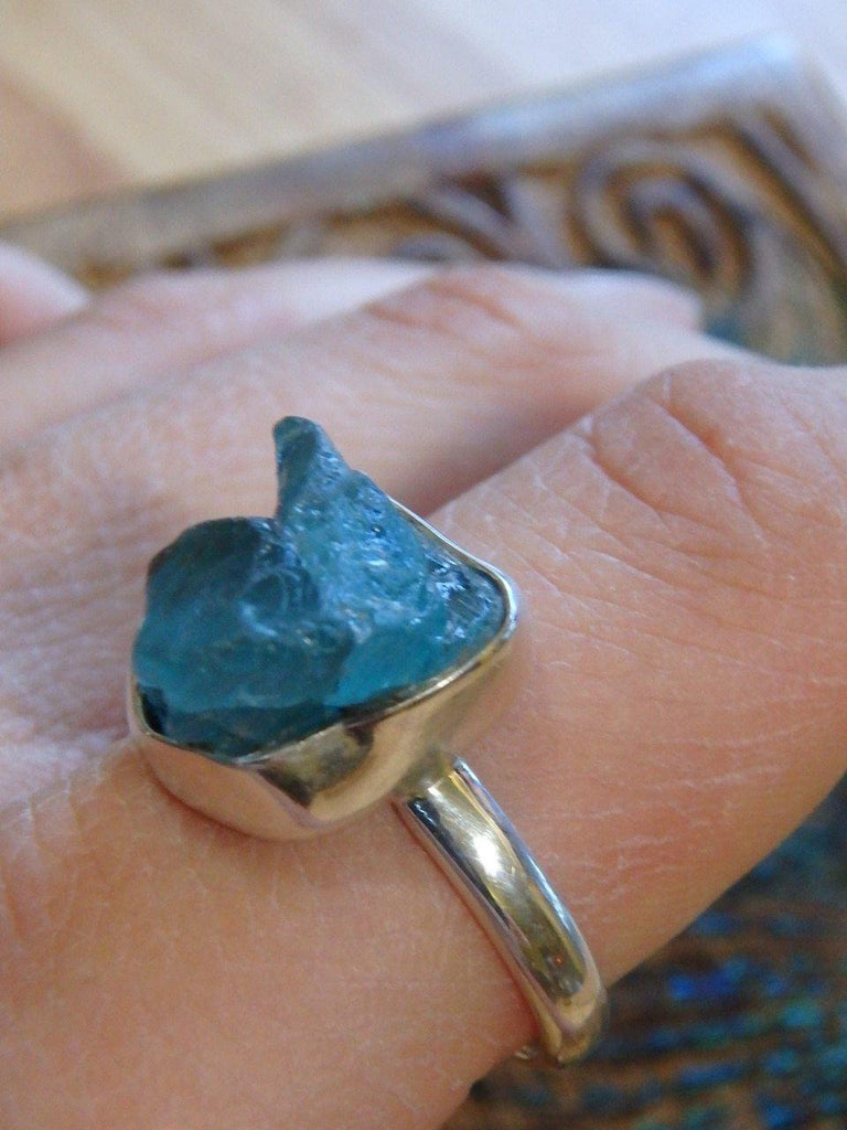 Cute & Raw Gemmy Blue Apatite Ring In Sterling Silver (Size 10.5) - Earth Family Crystals