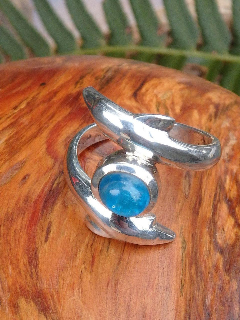 Sweet Double Dolphin & Electric Blue Apatite Ring in Sterling Silver (Size 7.5) - Earth Family Crystals