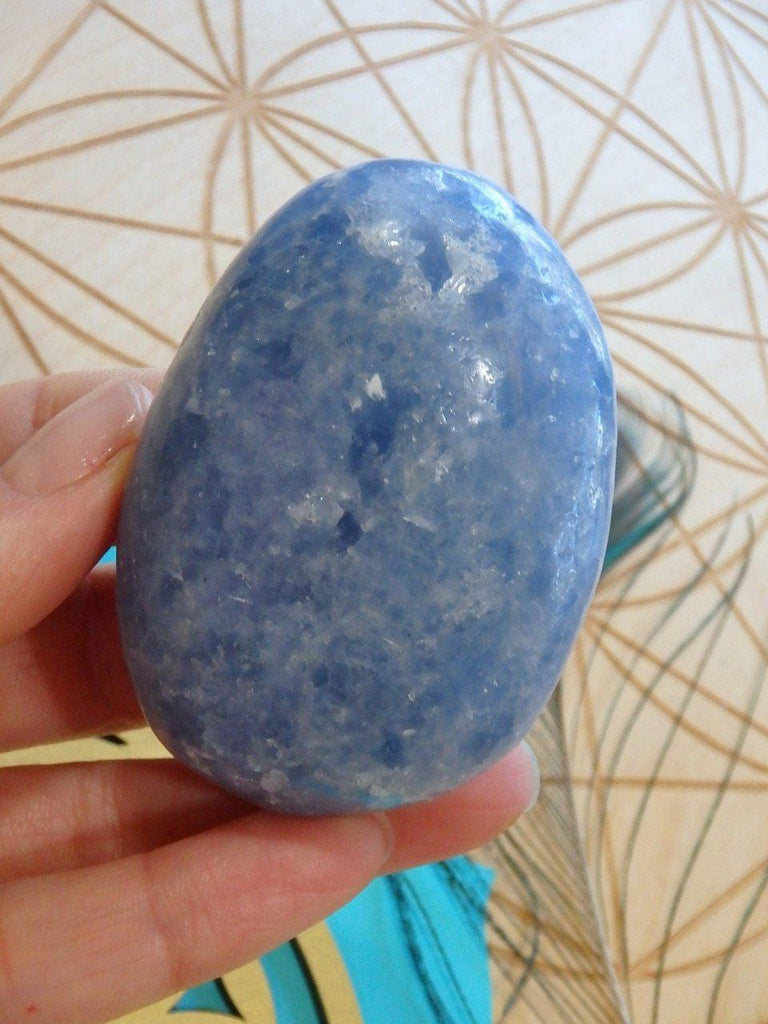 Calming Blue Calcite Palm Stone Specimen - Earth Family Crystals