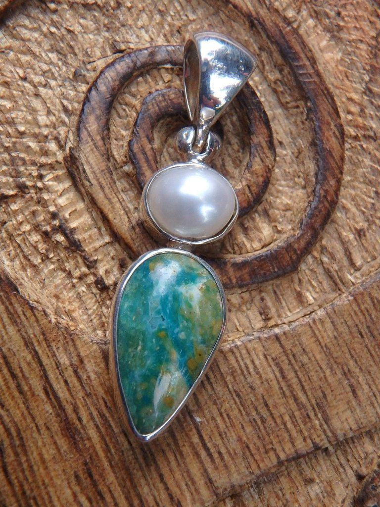 Custom Crafted~ Stunning Peruvian Blue Opal & Freshwater Pearl Pendant In Sterling Silver (Includes Silver Chain) - Earth Family Crystals