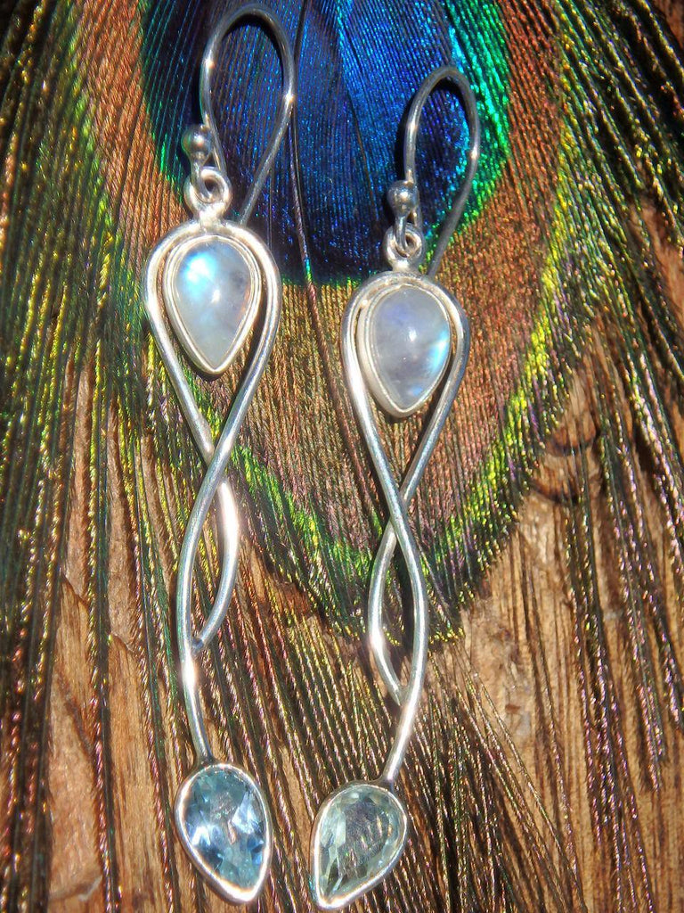 Fabulous Combo Faceted Blue Topaz & Rainbow Moonstone Twist Earrings in Sterling Silver - Earth Family Crystals