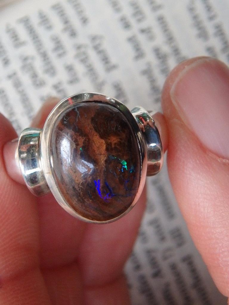 Mysterious Flashes Of Purple & Green Boulder Opal  Ring In Sterling Silver (Size 8.5) - Earth Family Crystals