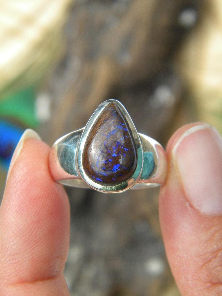 Purple Flashes Teardrop Boulder Opal Gemstone Ring In Sterling Silver (Size 7.5) - Earth Family Crystals