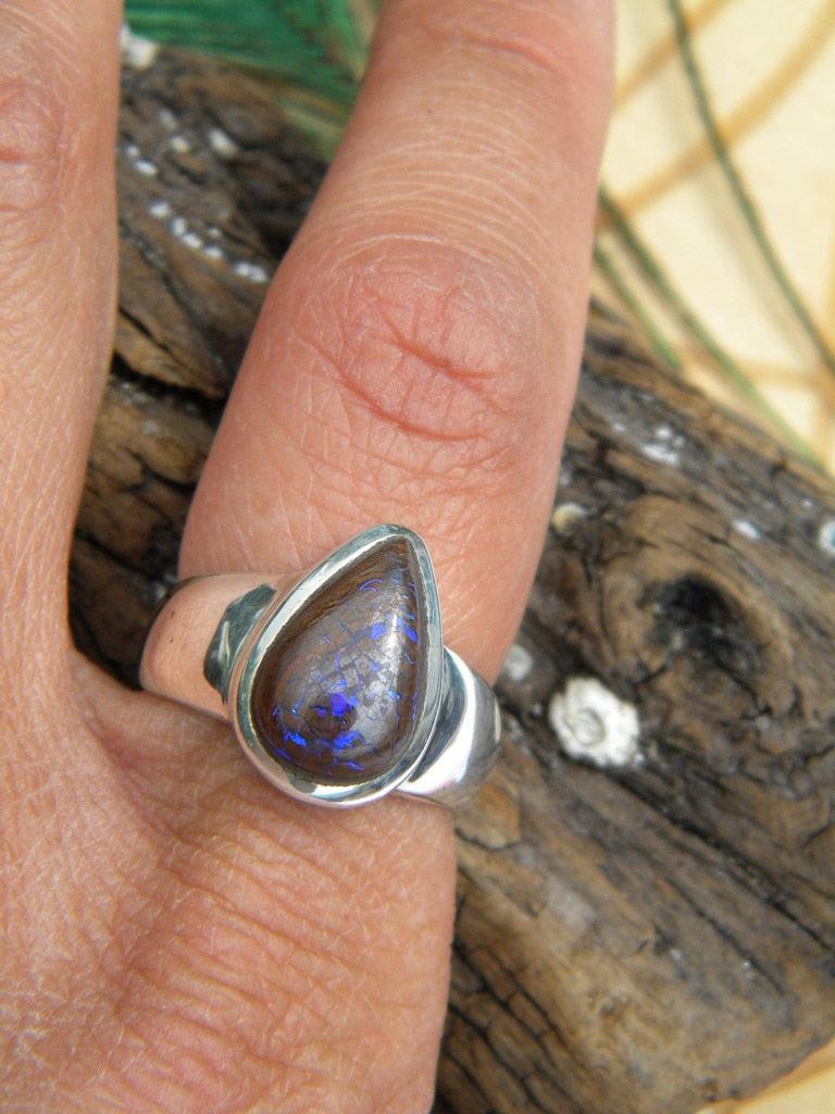 Purple Flashes Teardrop Boulder Opal Gemstone Ring In Sterling Silver (Size 7.5) - Earth Family Crystals