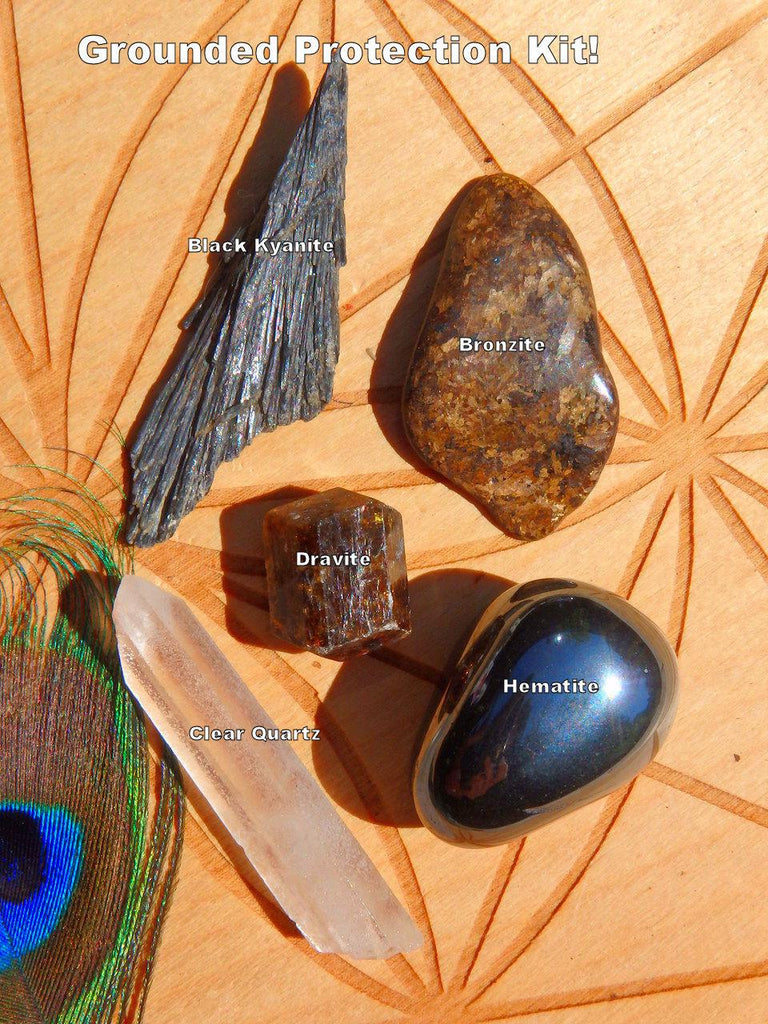 Grounded Protection Crystal Healing Kit~Includes Black Kyanite, Bronzite, Hematite, Dravite (Brown Tourmaline), Clear Quartz Point - Earth Family Crystals