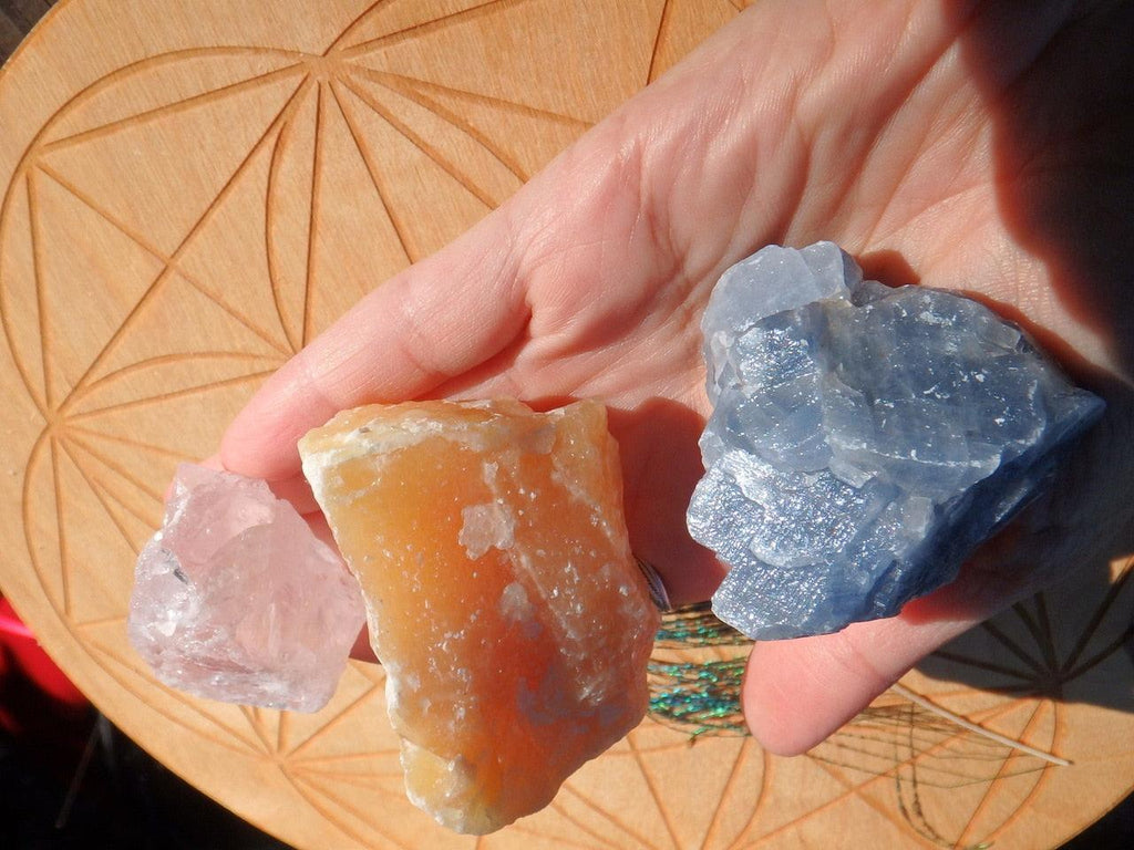 Healing Crystal Kit~ Soothing Blue Calcite, Uplifting Orange Calcite, Heart Healing Rose Quartz Chunks - Earth Family Crystals