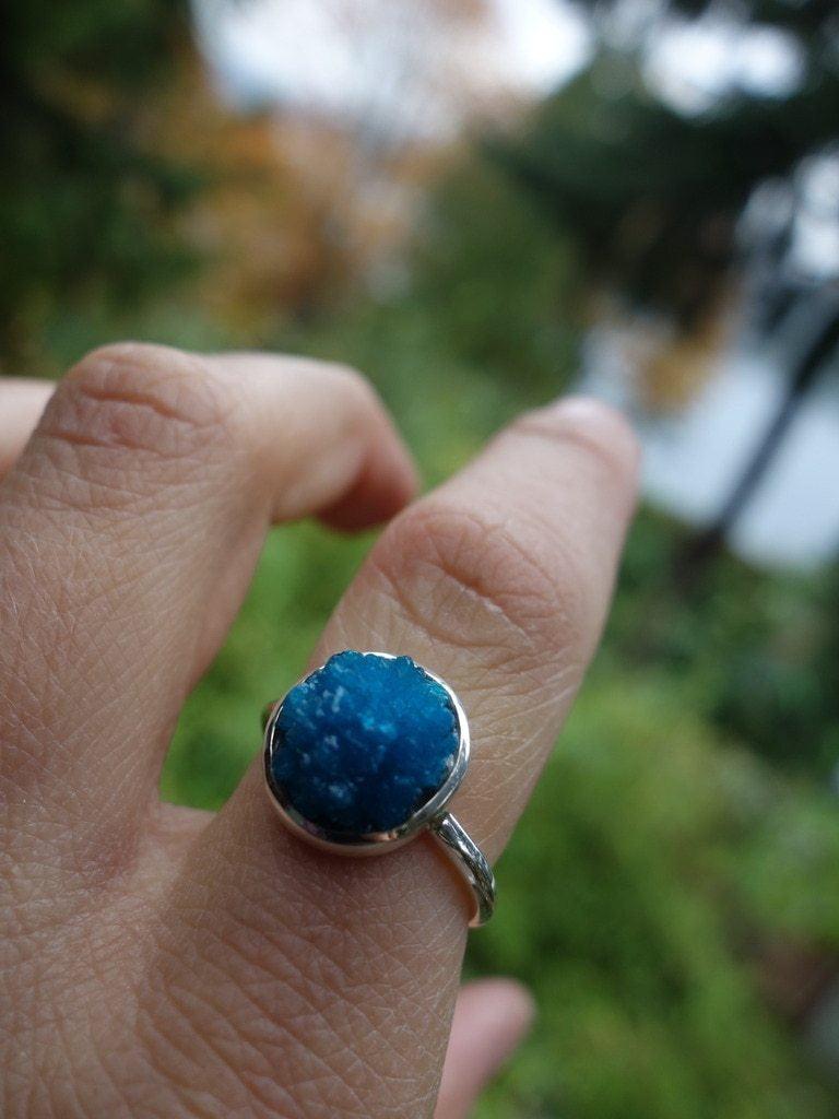 Cool Electric Blue Cavansite Moon Ring In Sterling Silver (Size 7.5) - Earth Family Crystals