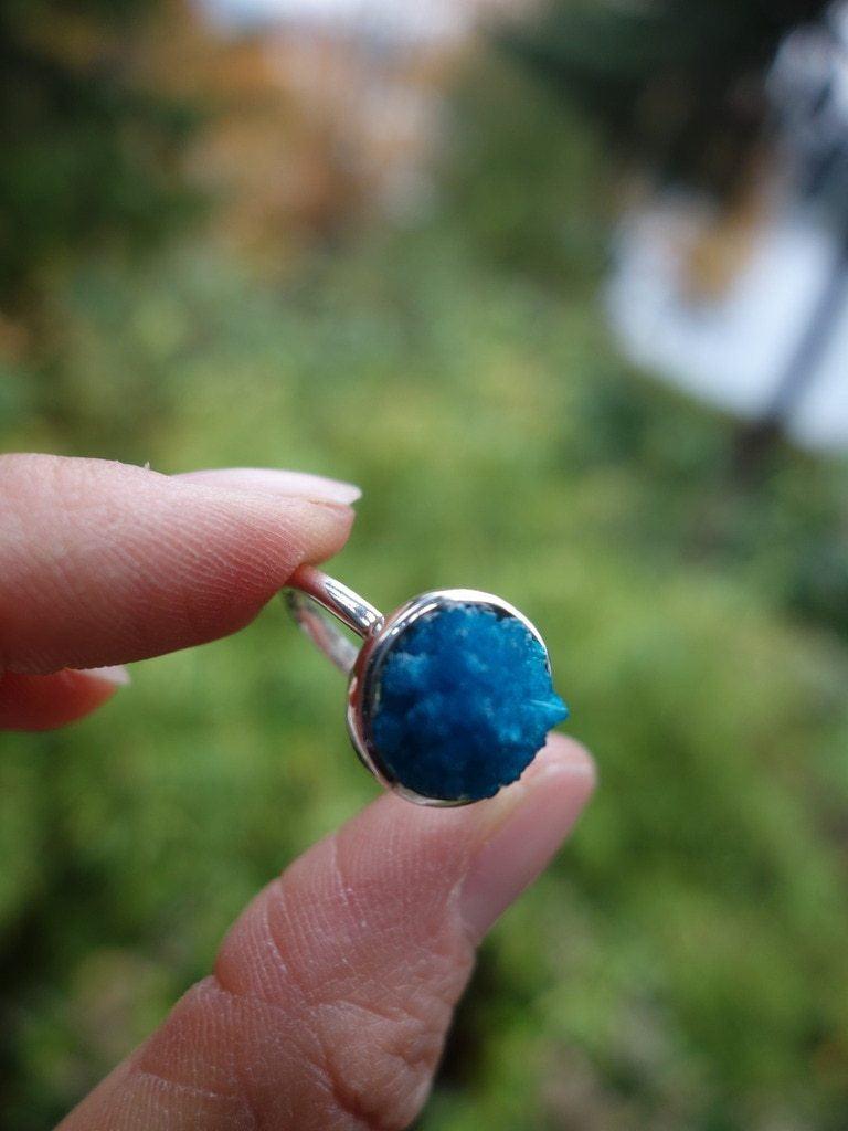 Cool Electric Blue Cavansite Moon Ring In Sterling Silver (Size 7.5) - Earth Family Crystals