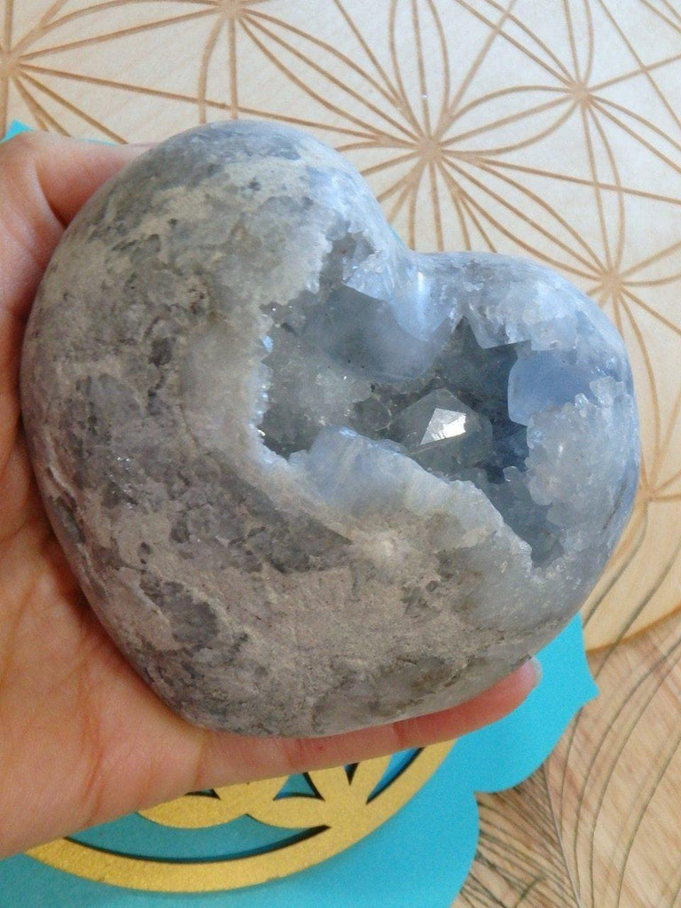 Double Sided Glory! Large Soft Blue Druzy Celestite Geode Heart Carving - Earth Family Crystals