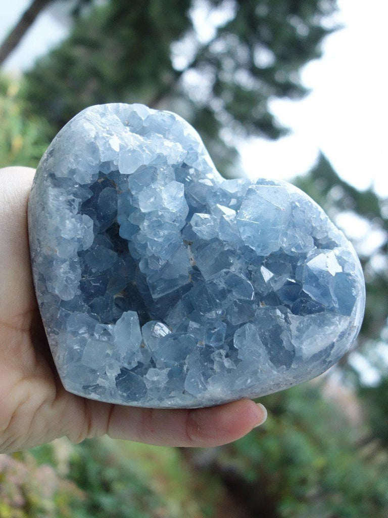 Breathtaking Druzy~ XL Puffy Blue Celestite Geode Heart Carving - Earth Family Crystals