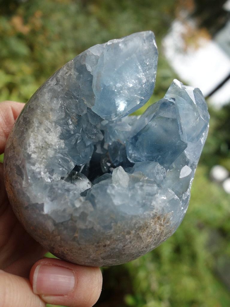 Fascinating Deep Cave! Large Blue Celestite Geode Sphere Carving - Earth Family Crystals