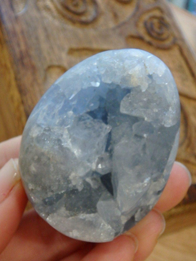 Cute Blue Druzy Celestite Small Geode Egg Carving - Earth Family Crystals