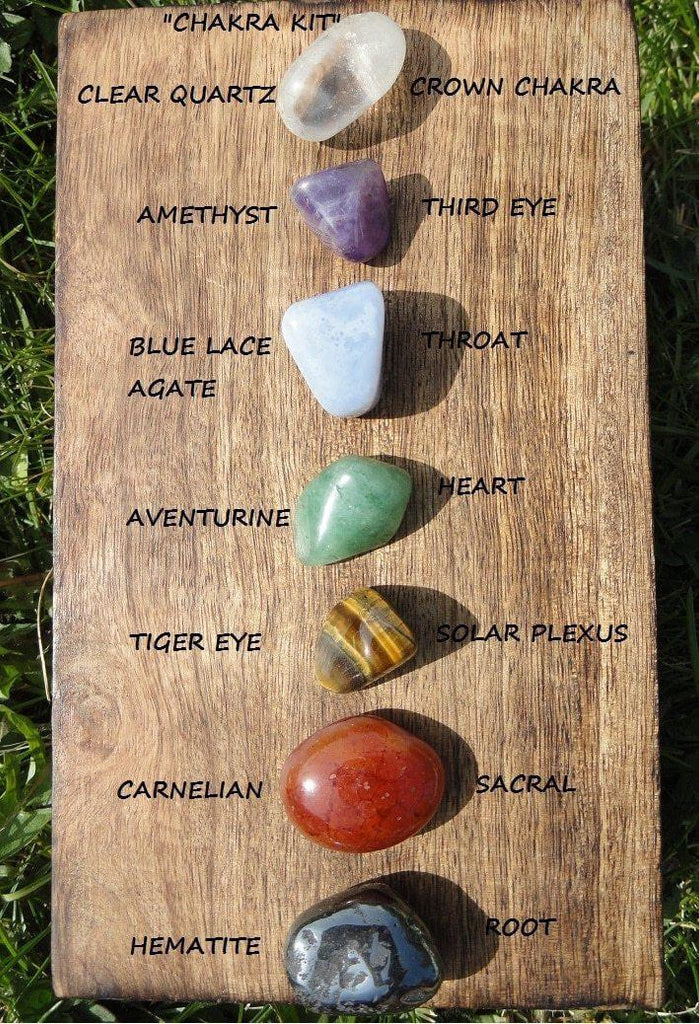 The Ultimate "CHAKRA CRYSTAL KIT"  Contains: Clear Quartz, Amethyst, Blue Lace Agate, Aventurine, Blue Lace Agate, Tiger Eye, Carnelian, Hematite* - Earth Family Crystals