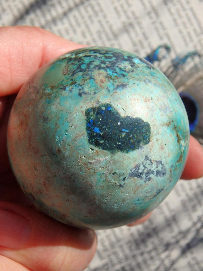 Sweet Natural Heart Shape Pattern! Chrysocolla Warming Blue & Green Gemstone Sphere - Earth Family Crystals