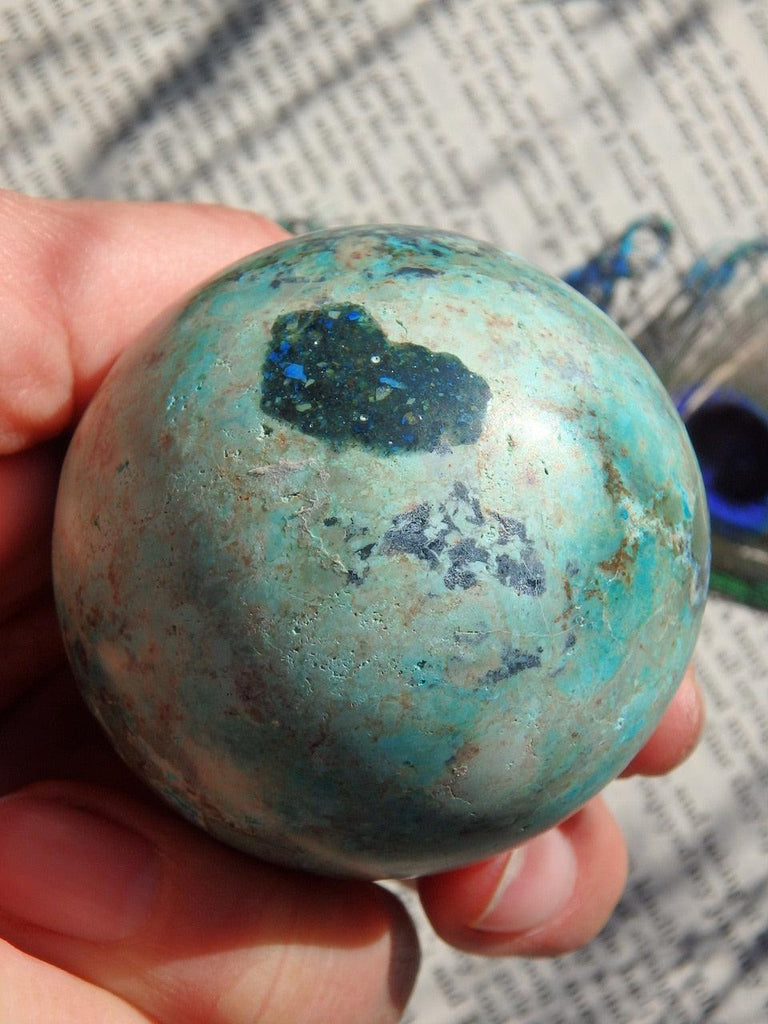 Sweet Natural Heart Shape Pattern! Chrysocolla Warming Blue & Green Gemstone Sphere - Earth Family Crystals