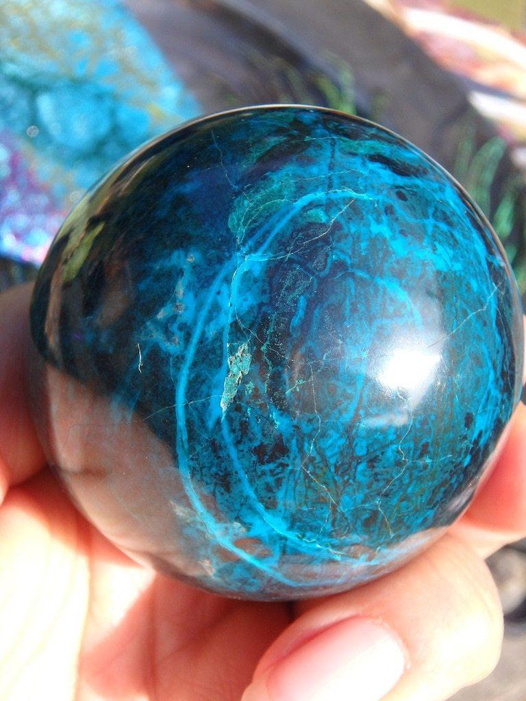 Blue Swirls Chrysocolla Sphere With Red Jasper & Malachite Inclusions - Earth Family Crystals