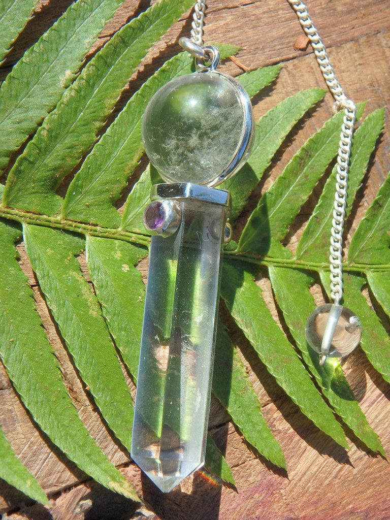 High Vibes Himalayan Quartz Sphere & Point With Faceted Iolite & Amethyst Accent Stones Pendulum With Detachable Cord - Earth Family Crystals