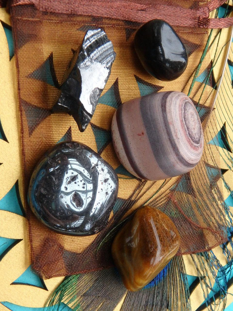 The Ultimate Grounded Warrior Crystal Kit~ Includes Noble Shungite, Zebra Stone, Apache Tear, Tiger Eye & Hematite Kit - Earth Family Crystals
