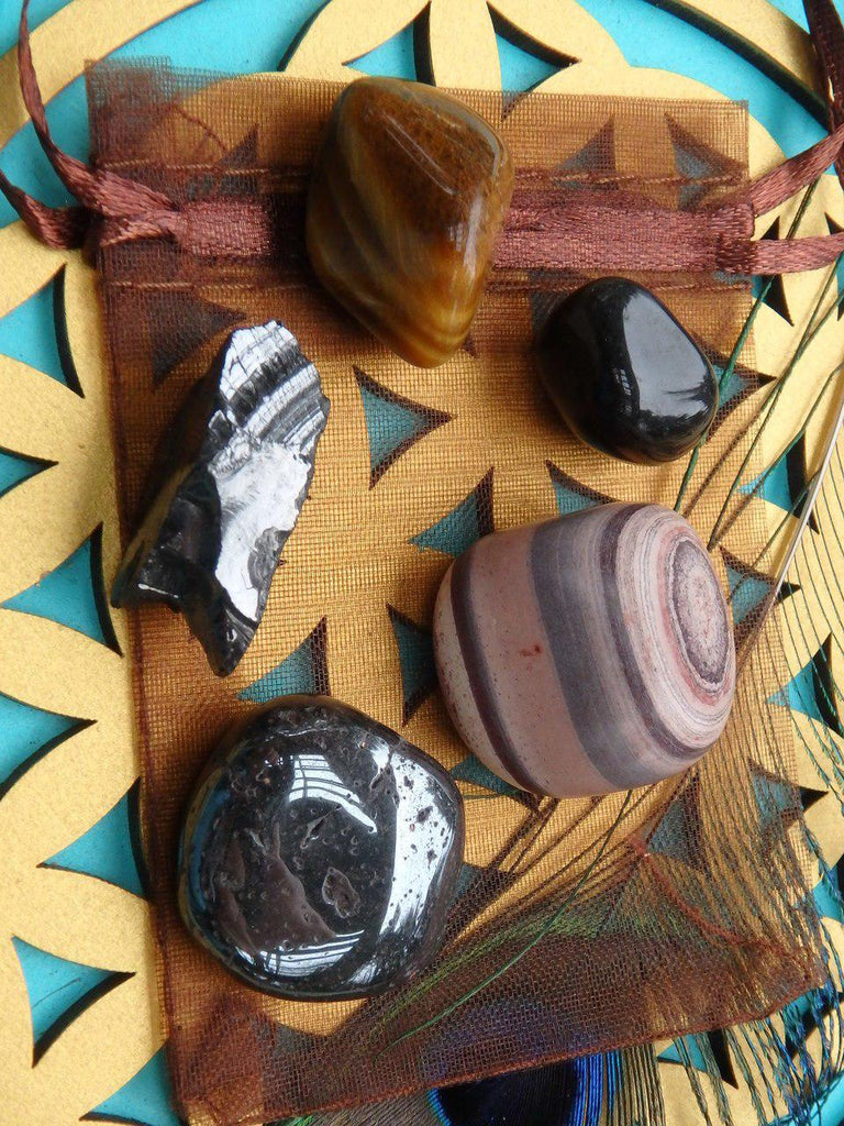 The Ultimate Grounded Warrior Crystal Kit~ Includes Noble Shungite, Zebra Stone, Apache Tear, Tiger Eye & Hematite Kit - Earth Family Crystals