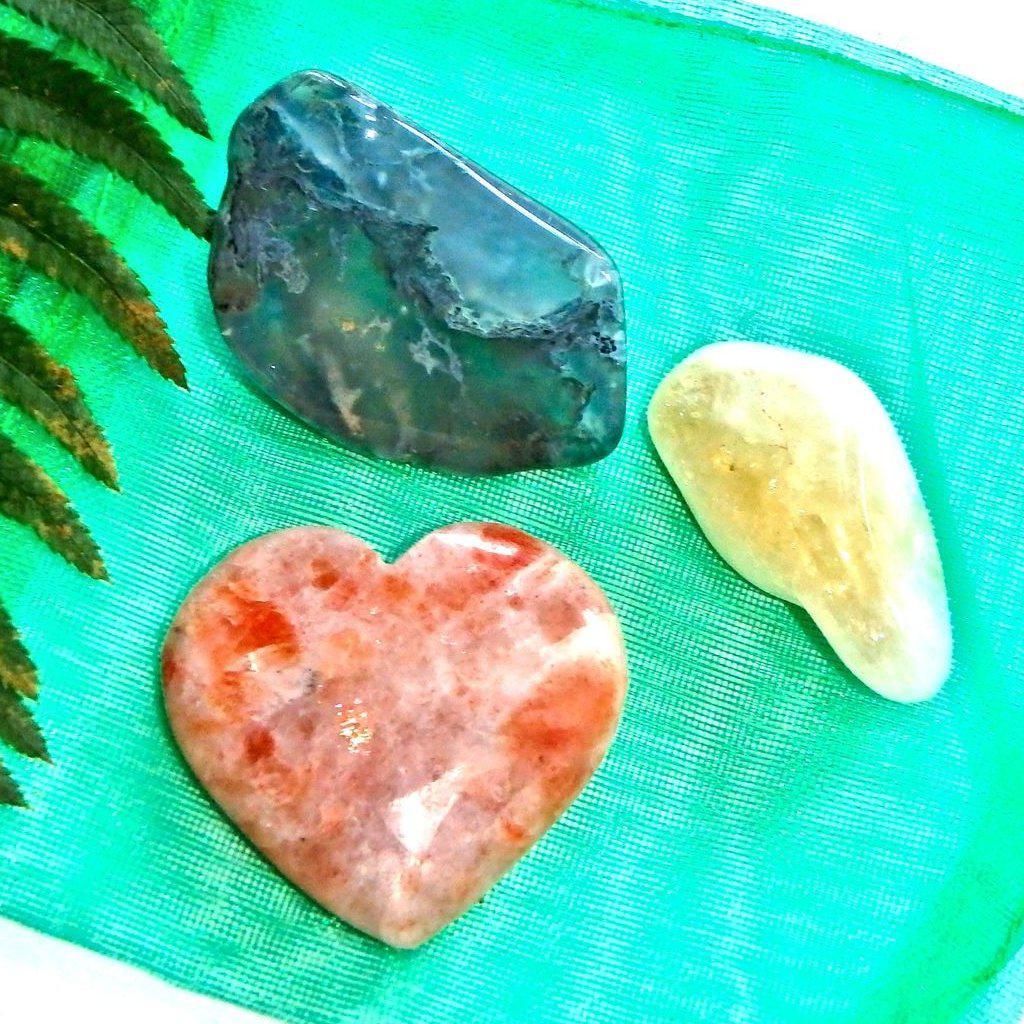 Spring Awakening Crystal Kit (Includes Sunstone Heart, Moss Agate, Citrine) - Earth Family Crystals