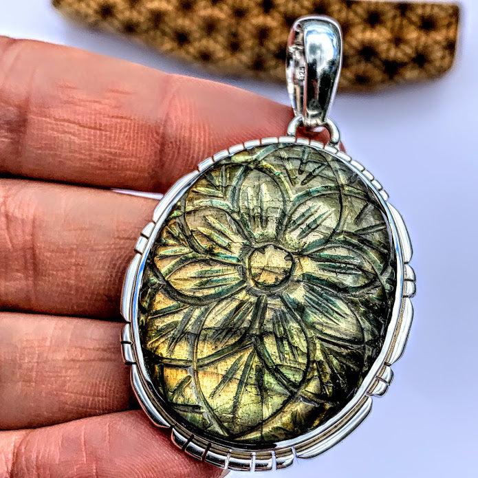 Fabulous Flower Carved Large Labradorite Pendant in Sterling Silver (Includes Silver Chain) #2 - Earth Family Crystals