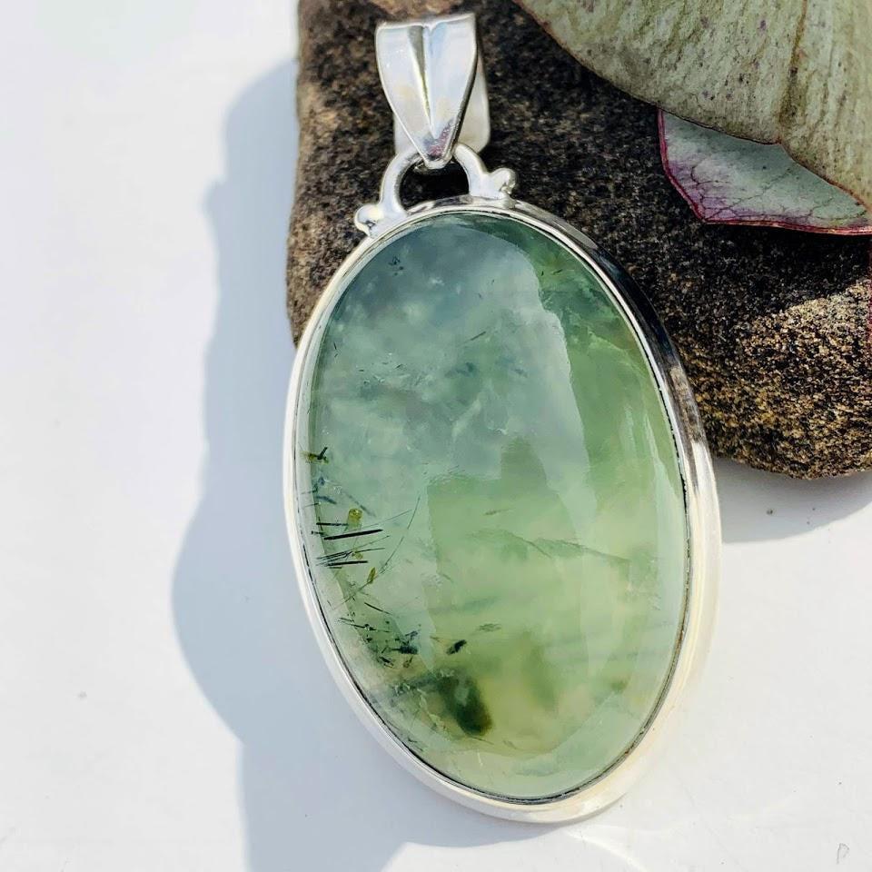 Chunky Mint Green Prehnite & Epidot Thread Included  Sterling Silver Pendant (Includes Silver Chain) - Earth Family Crystals
