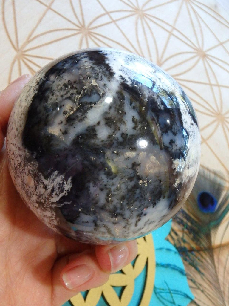 Marvelous Patterns! XL Dendritic Agate Sphere Carving - Earth Family Crystals