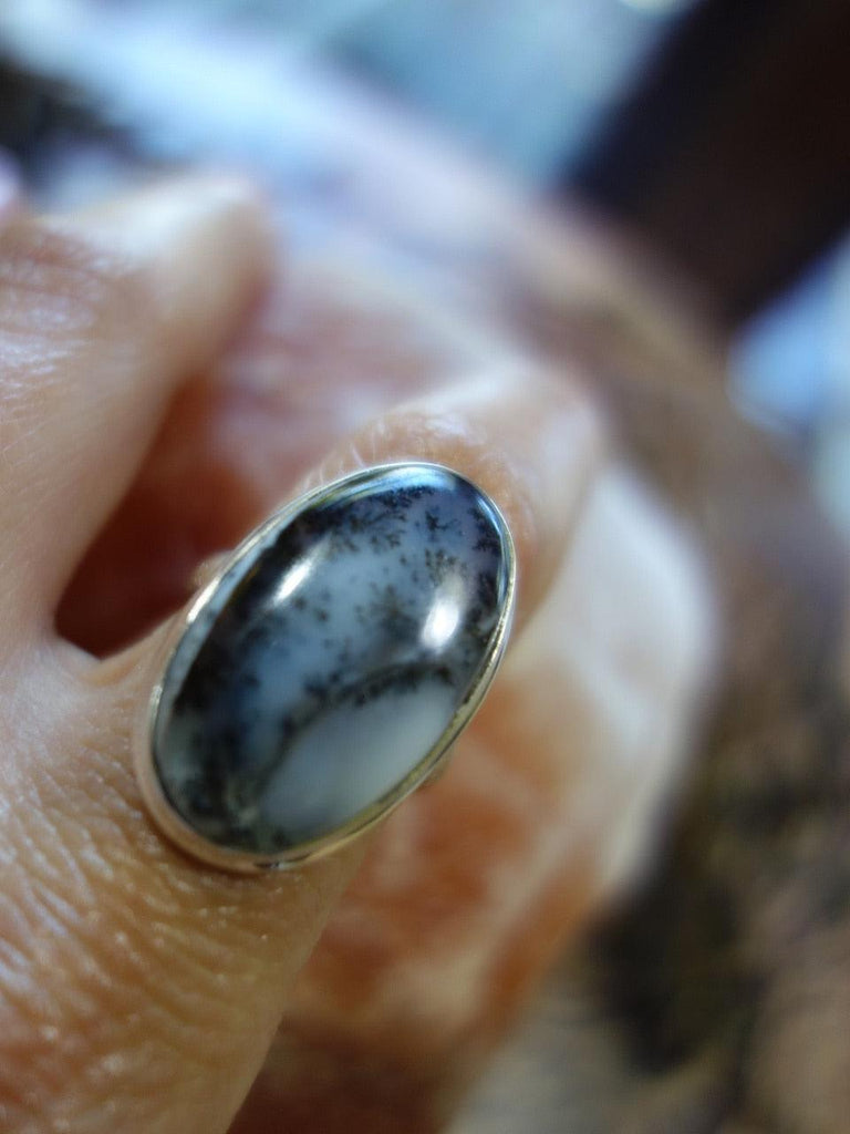 Glossy Fern Patterns Dendritic Agate Ring In Sterling Silver (Size 9) - Earth Family Crystals