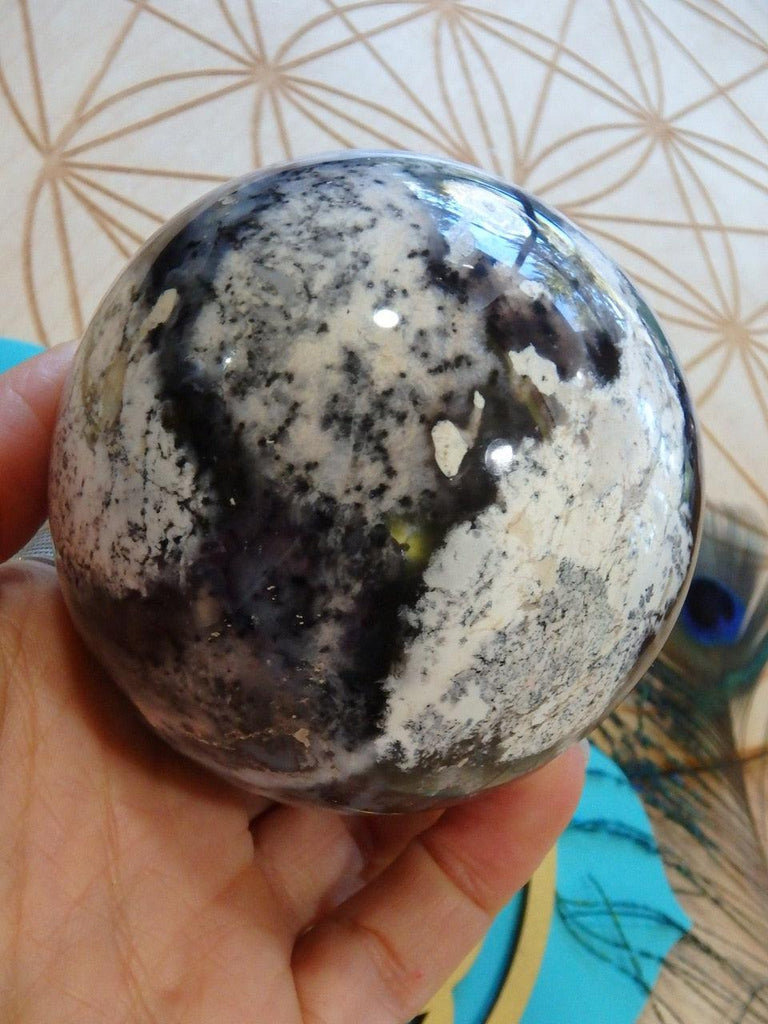 Marvelous Patterns! XL Dendritic Agate Sphere Carving - Earth Family Crystals