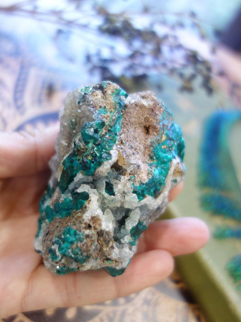 Exquisite Vibrant Dioptase Specimen With  Druzy Quartz Caves - Earth Family Crystals
