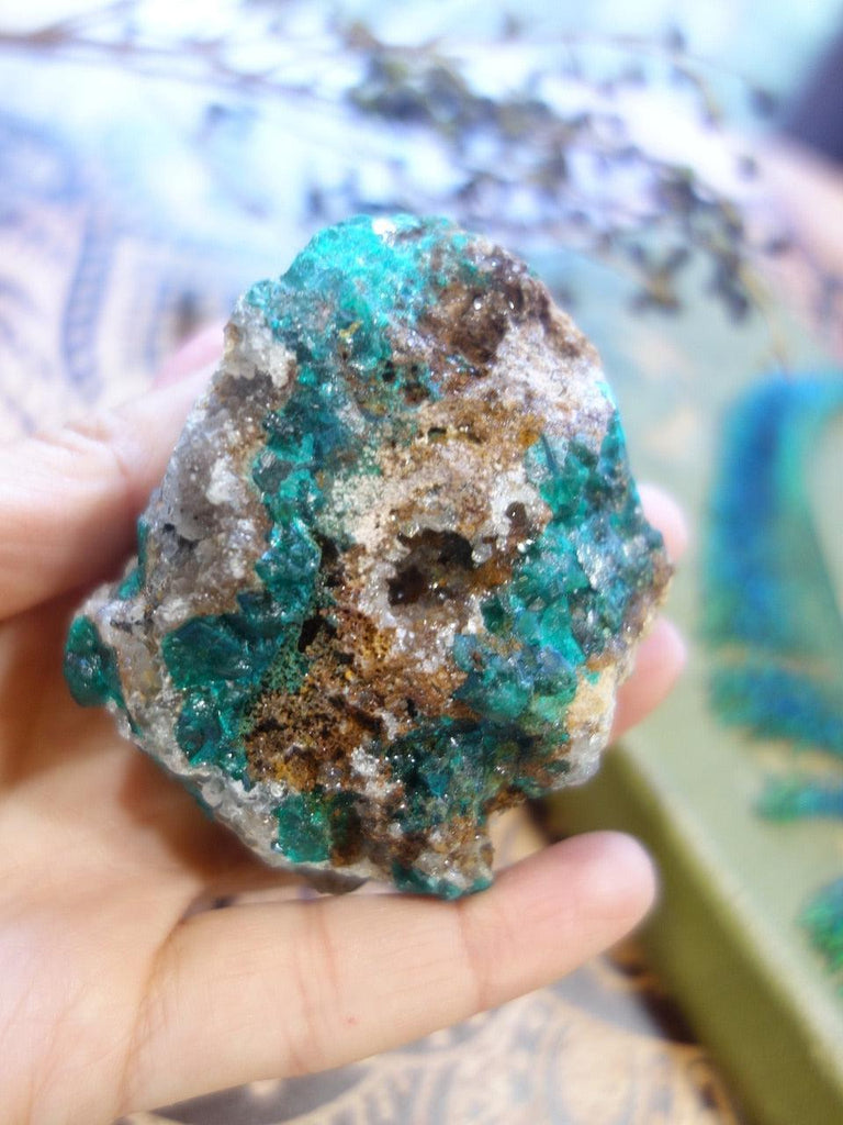 Exquisite Vibrant Dioptase Specimen With  Druzy Quartz Caves - Earth Family Crystals