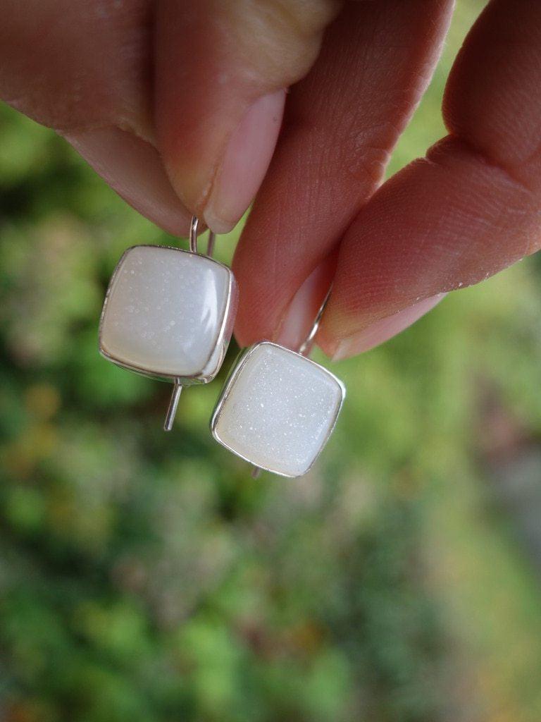 Cute White Druzy Agate Earrings In Sterling Silver - Earth Family Crystals