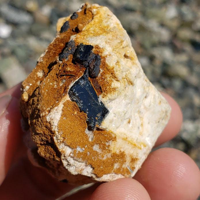 Gemmy Blue Aquamarine Point & Black Tourmaline Nestled in Feldspar Point - Earth Family Crystals
