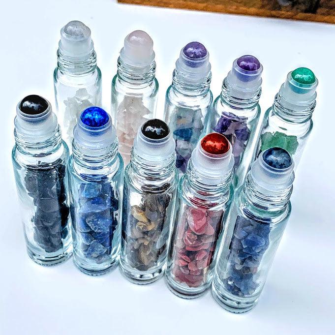Set of 10 Gemstone Roller Glass Bottles For Essential Oils - Earth Family Crystals