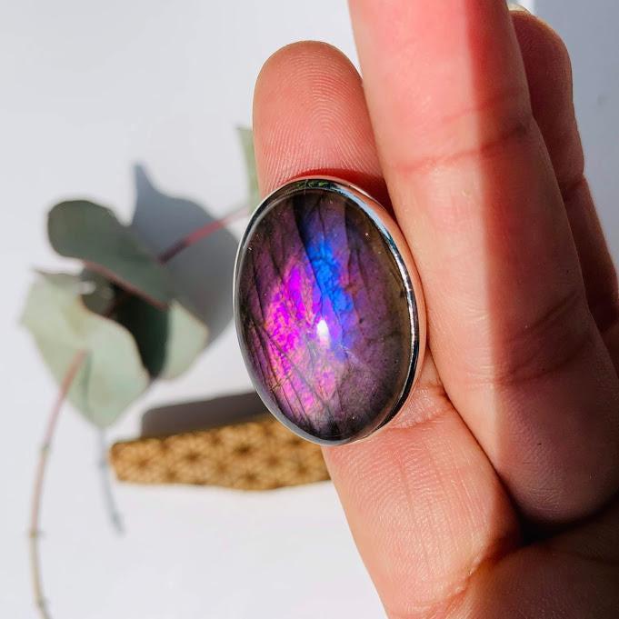 Electric Pink  Flash Labradorite Ring in Sterling Silver (Size 9) - Earth Family Crystals
