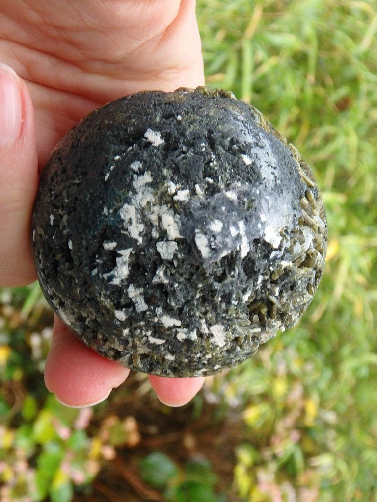 Incredible Forest Green Epidote Partially Polished Sphere With Caves - Earth Family Crystals