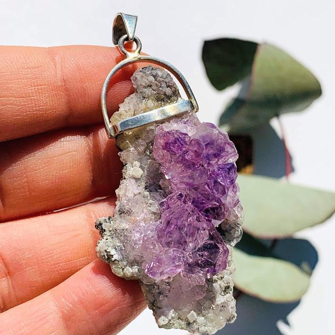 Breathtaking Gemmy Raw Lavender Amethyst Flower on Matrix Sterling Silver Pendant (Includes Silver Chain) - Earth Family Crystals