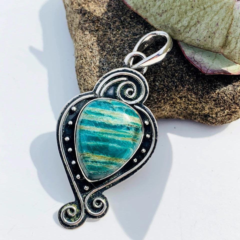 Zebra Sheen Patterns Amazonite Elegant  Oxidized Sterling Silver Pendant (Includes Silver Chain) - Earth Family Crystals