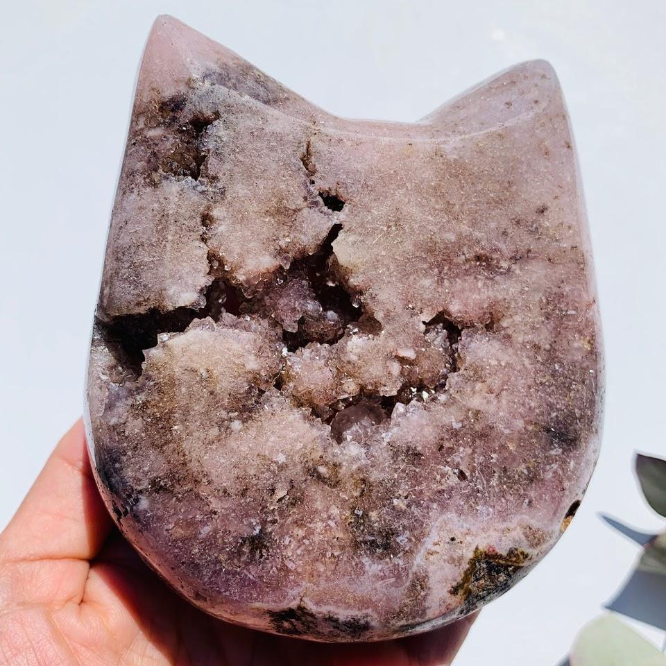 Adorable XXL Pink Amethyst Druzy Cat Head Geode Carving - Earth Family Crystals