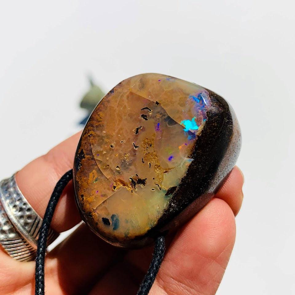 High Grade Sparkling Australian Chunky Boulder Opal Pendant on Adjustable Cotton Cord - Earth Family Crystals