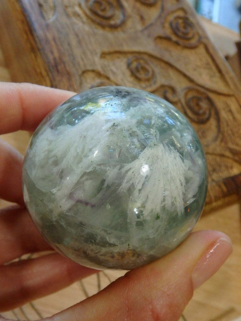 Green Glow Polished Fluorite Sphere Carving - Earth Family Crystals