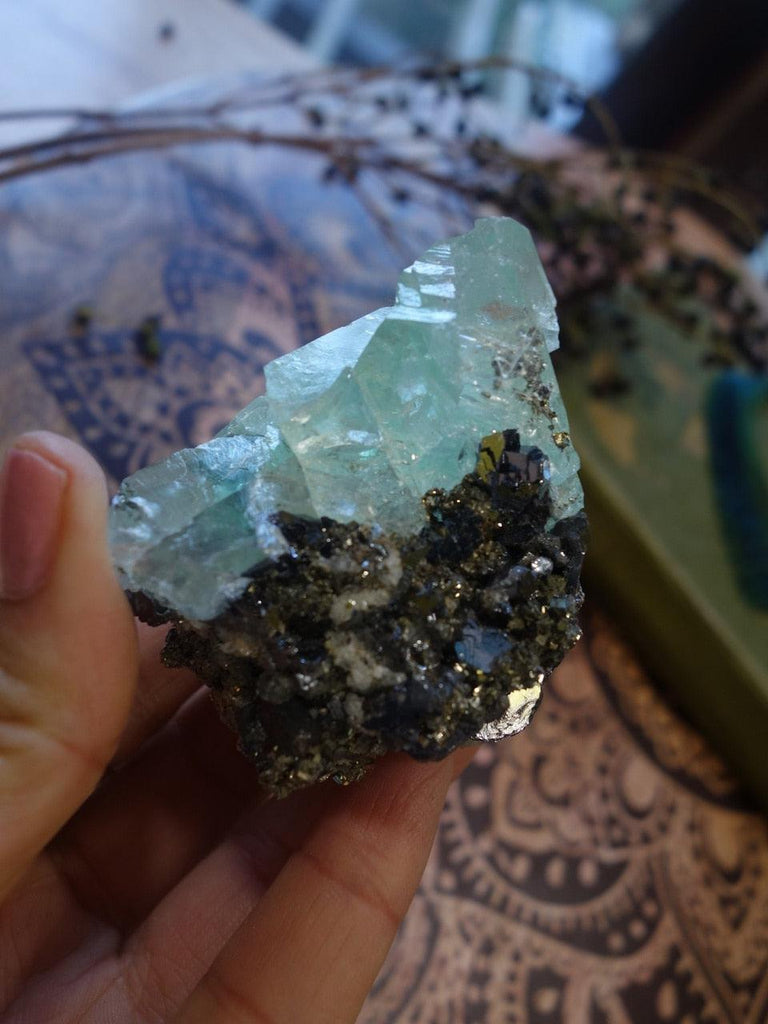 Rainbows! Gorgeous Mint Green Fluorite, Pyrite & Black Hematite Combo - Earth Family Crystals