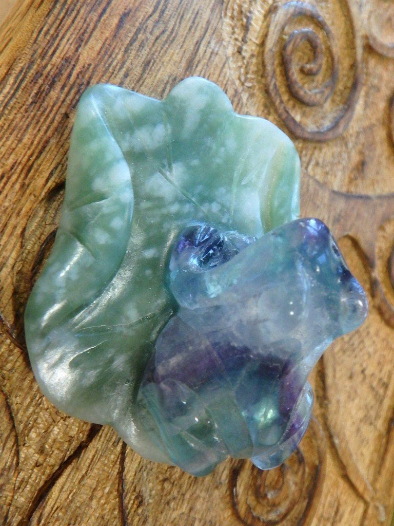 Cute Rainbow Fluorite Frog On Green Jade Lily Pad Carving 1 - Earth Family Crystals