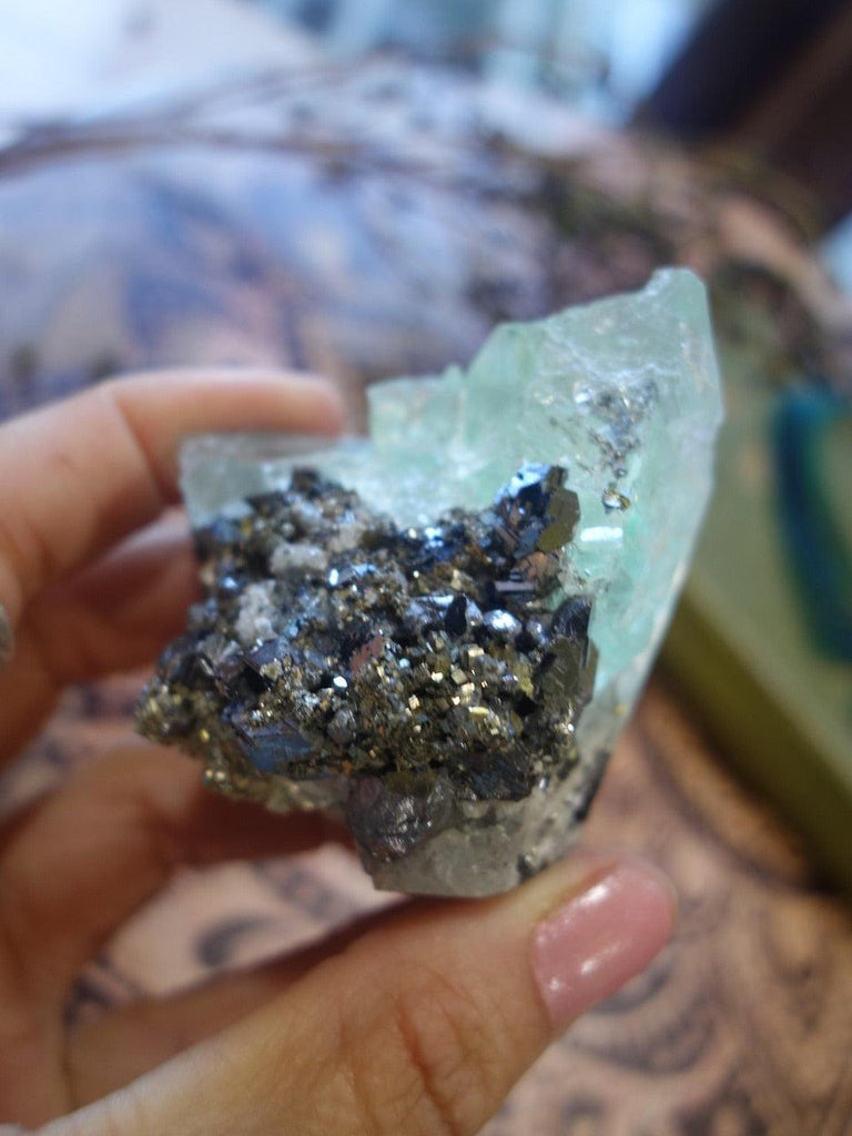 Rainbows! Gorgeous Mint Green Fluorite, Pyrite & Black Hematite Combo - Earth Family Crystals