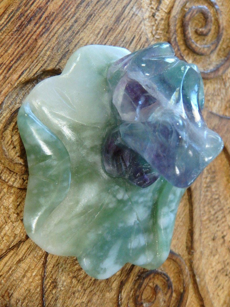 Cute Rainbow Fluorite Frog On Green Jade Lily Pad Carving 1 - Earth Family Crystals