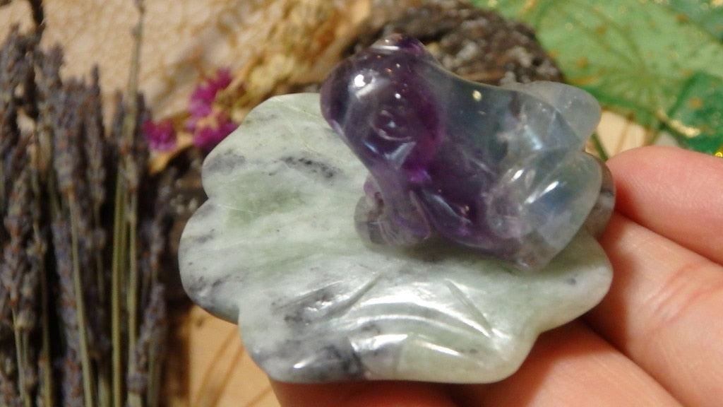 Rainbow Fluorite Frog & Mint Green Jade Lily Pad 3 - Earth Family Crystals
