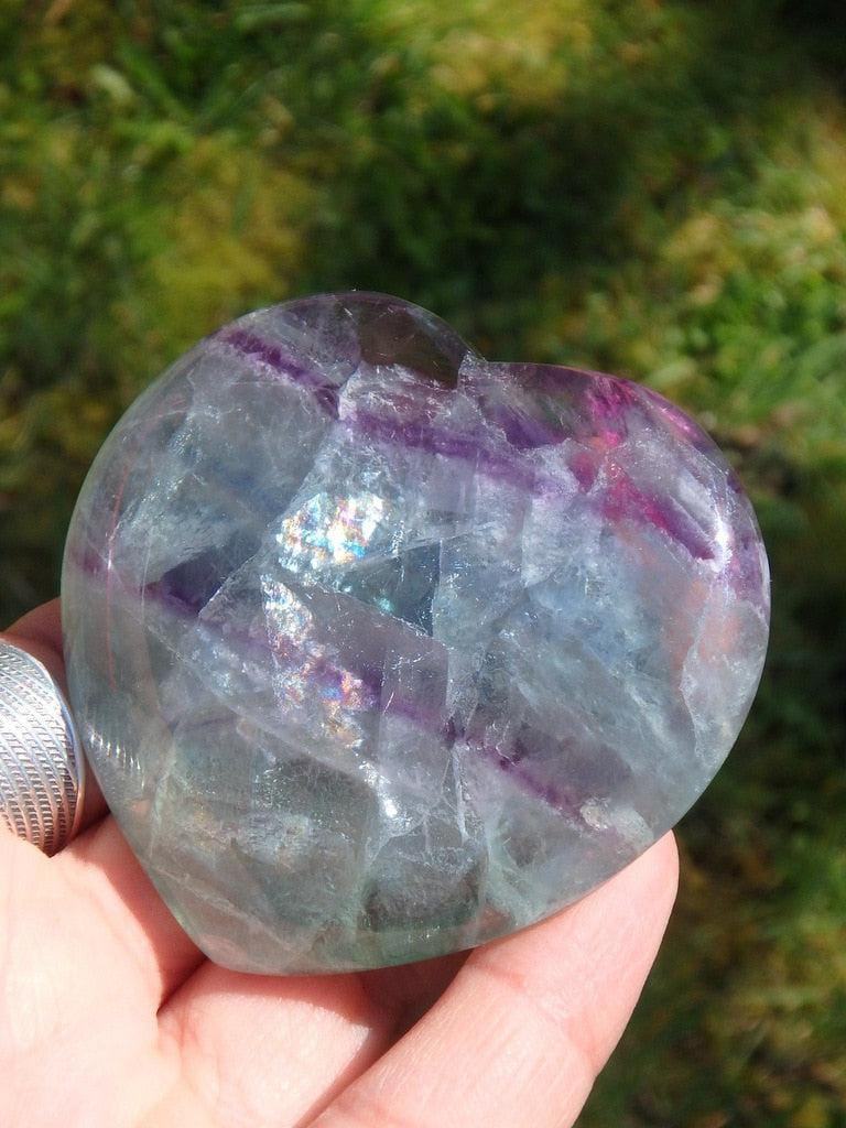 Lovely Light Filled Purple & Green Glow Fluorite Heart - Earth Family Crystals