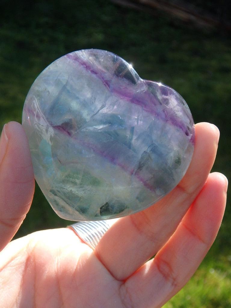 Lovely Light Filled Purple & Green Glow Fluorite Heart - Earth Family Crystals